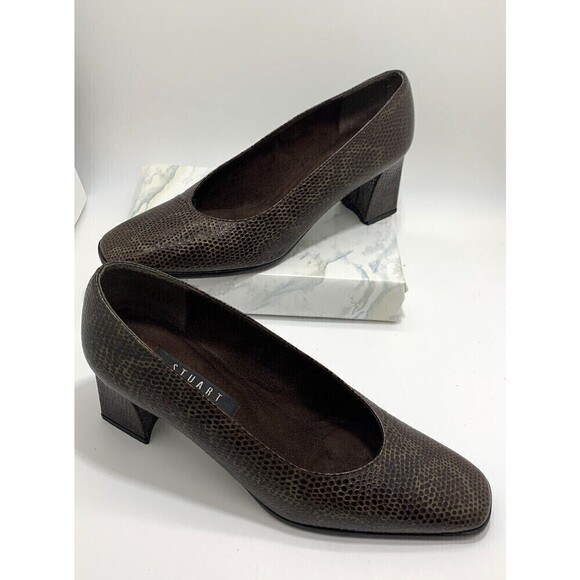 Vintage Stuart Weitzman High Heels Leather Pumps Chunky Heels Snake Print Sz 8-9 - Picture 1 of 12
